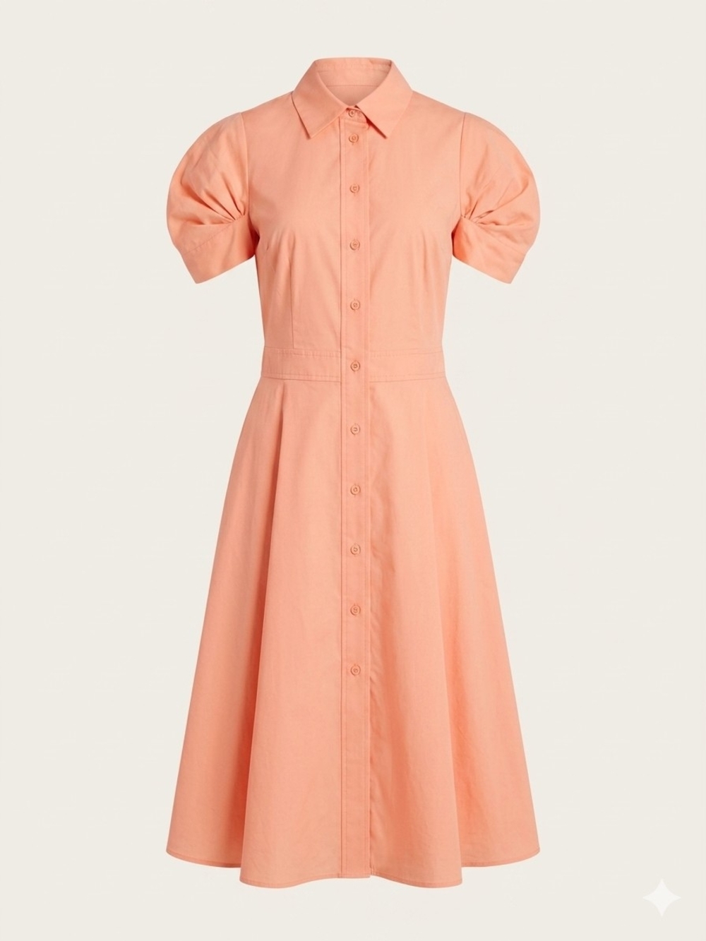 991. Donna Karan Coral Button-Front Puff-Sleeve Midi Dress